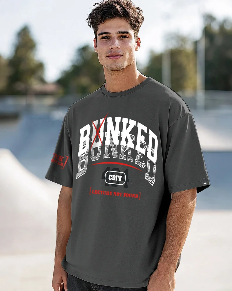بيواكوف Men's Grey Bunked Typography Oversized T-shirt